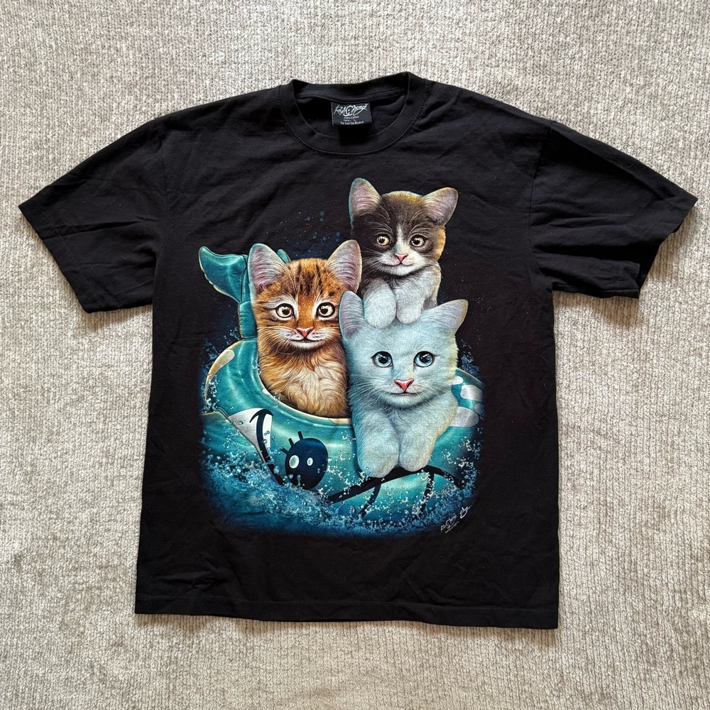 Rock Chang Triple Cat Attack Graphic Tee‎ Black Kitten Shirt Size L